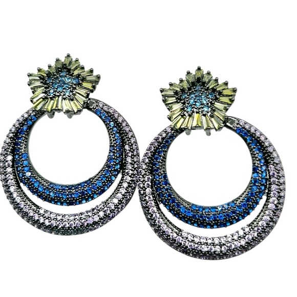 Statement Gunmetal & Blue Rhinestone Hoop Earrings with Floral Top - Picture 1 of 8
